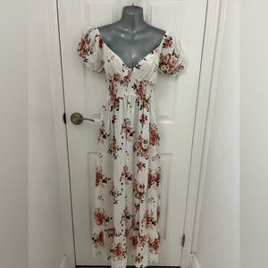 White with Pink Flowers Romantic Maxi-Dress, Sz S